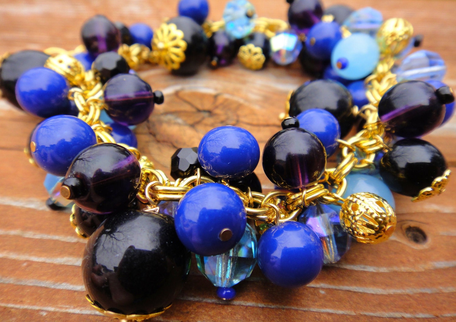 Blue and Gold Bobble Bracelet, Purple, Black, Filigree, Handmade,