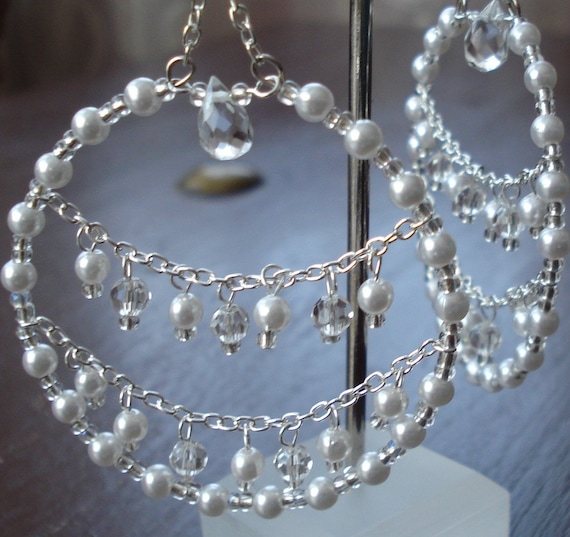 Pearl Chandelier Hoops, Bridal, Wedding Earrings, Chain, Silver, Crystal