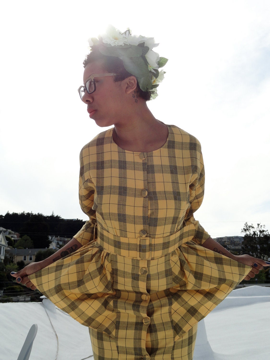 Vintage 1980's Black and Yellow Plaid 3/4 Batwing Sleeve Power Suit Peplum Dress