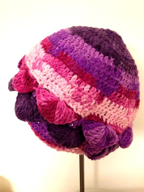 Crocheted Pink Flambe Purple Lilac Amethsy Beret Cap Hat Beanie