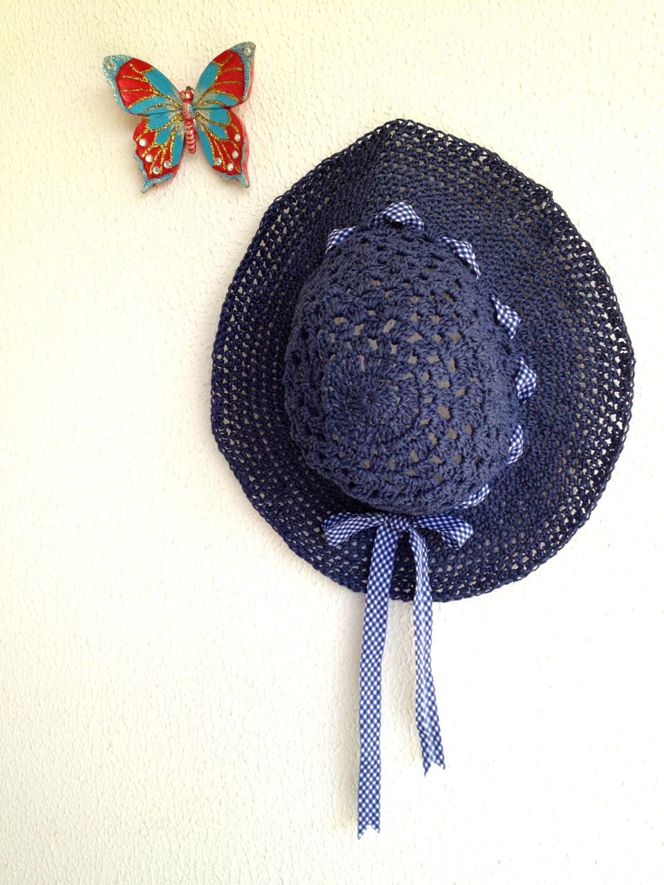 Adjustable Crocheted natural raffia Dark Blue navy Indigo Summer Sun Hat With White navy plaid Ribbon - cookieletta