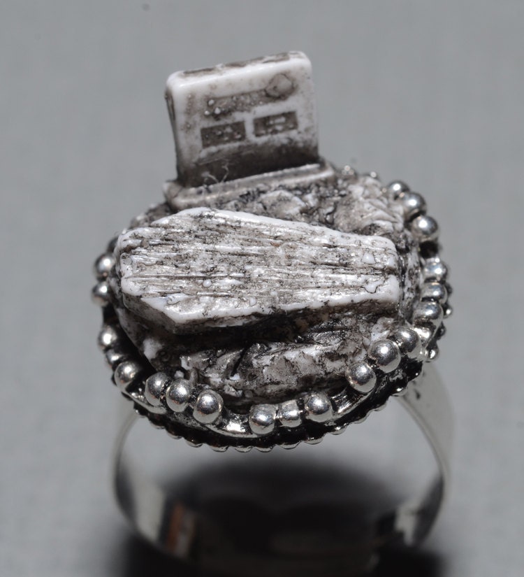 HalloweenJewelry- Gothic Resin Cameo Coffin Ring- Old  Victorian Cemetery with Tombstone and Coffin  - Zombie  Frankenstein
