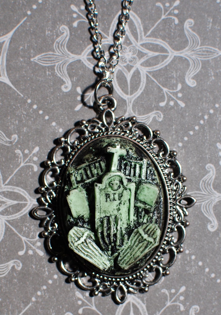 Halloween  Jewelry - Creepy Cute Gothic Necklace  -  Cemetery Necklace with Tombstones Caskets and Skeleton Hand-Deadly Nightshade Green