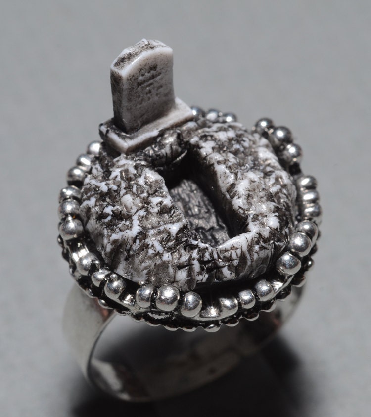 Halloween Costume jewelry - Cemetery Plot with Tombstone and Open Grave - Zombie Frankenstein