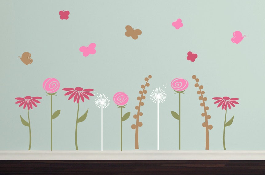 Butterfly Flower Garden Wall Decal Set - Girls Bedroom Nursery Children Vinyl Decals