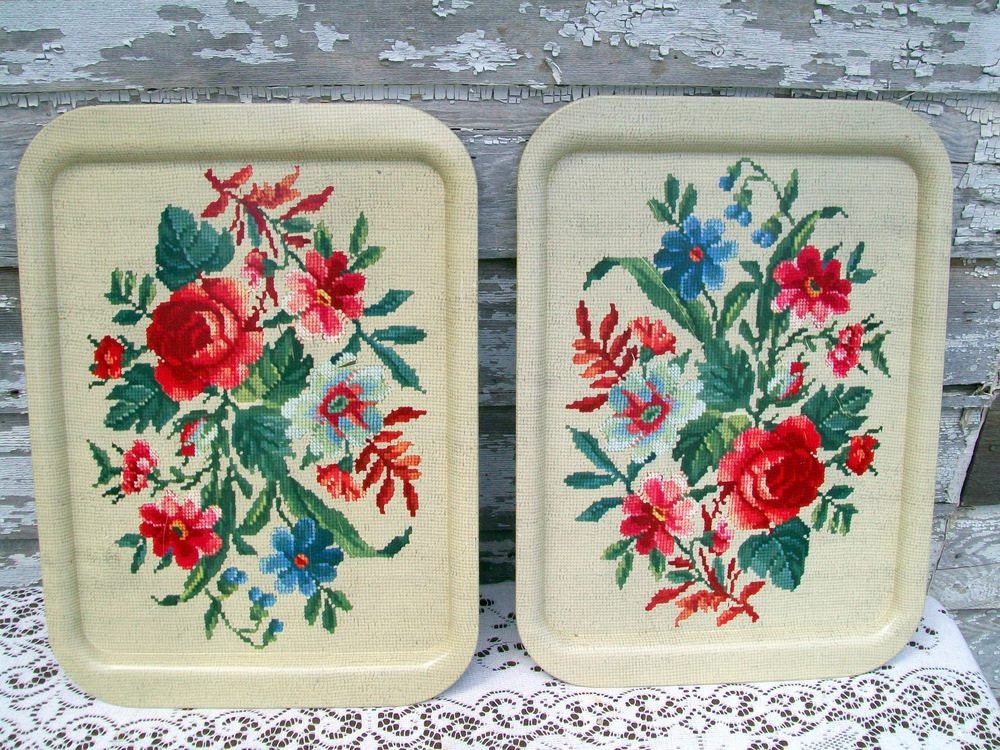 Vintage lot 2 of Toleware Metal Trays Needlepoint Floral Design