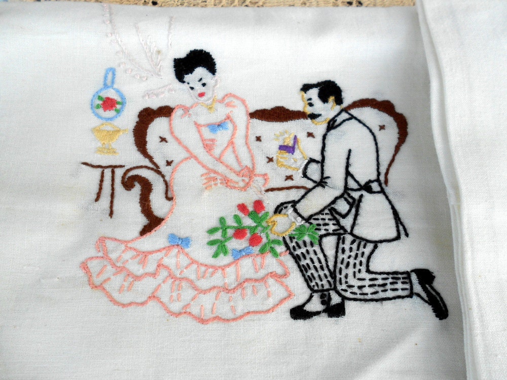 Antique Embroidered Tea Towels Victorian Just Married wedding Theme