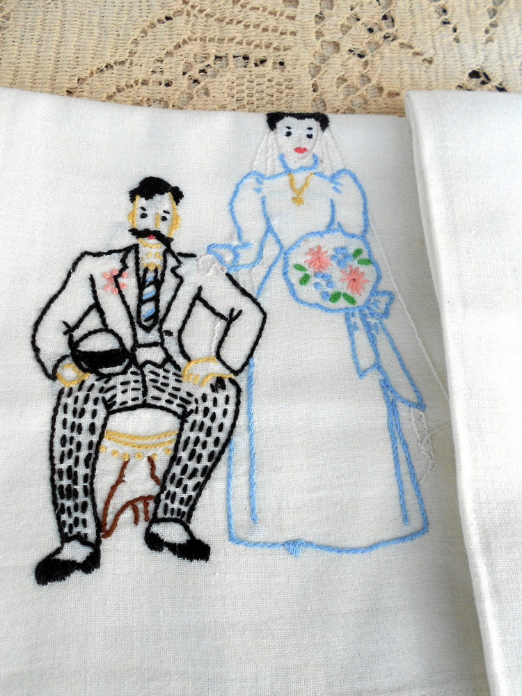 Antique Embroidered Tea Towels Victorian Just Married wedding Theme