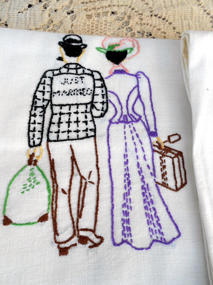 Antique Embroidered Tea Towels Victorian Just Married wedding Theme