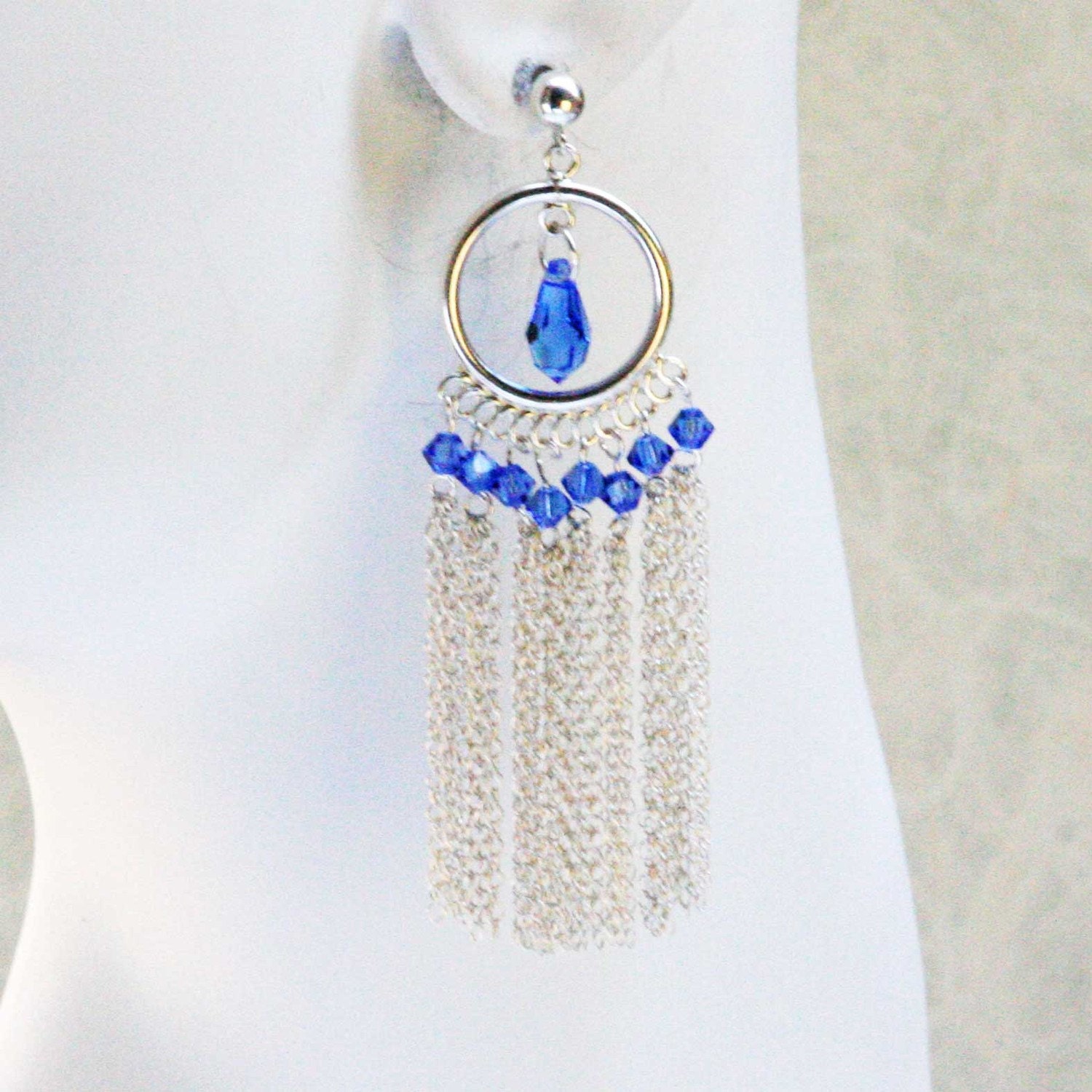 Handmade Sapphire Blue Swarovski Crystals Sterling Silver Tassel Earrings