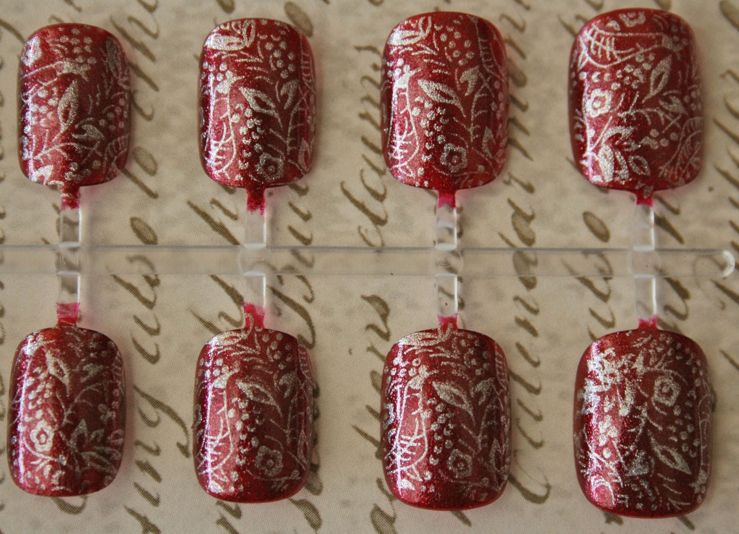 Japanese Nail Art- Medieval Tapestry (Shimmering Cherry with Silver Detail)