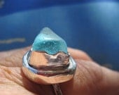 Sterling Ring with Aqua Seaglass Stone Handmade Etsy Metalwork - JudithGayleDesigns