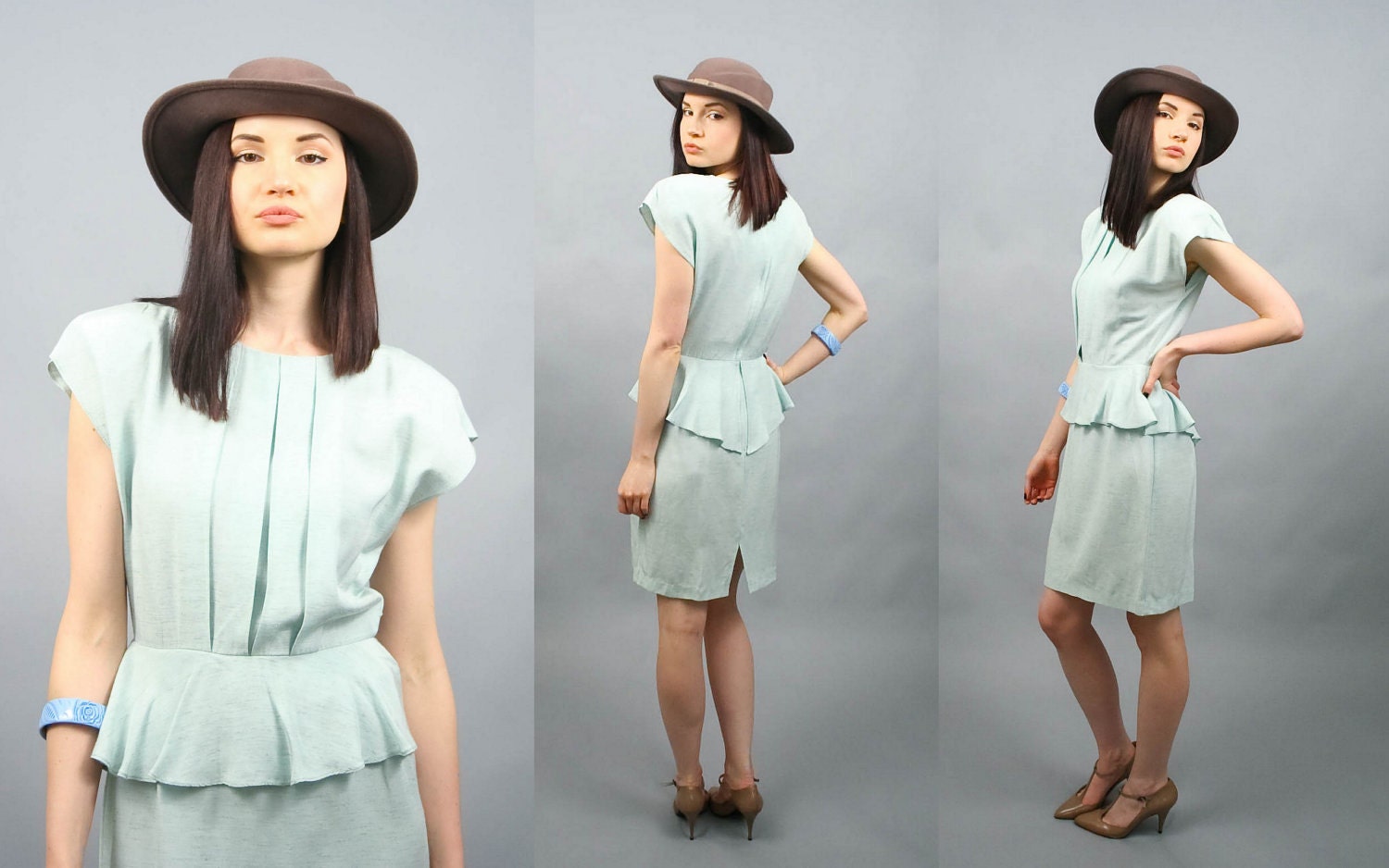 Vintage 80s does 40s Sage Green Peplum Dress ( S )