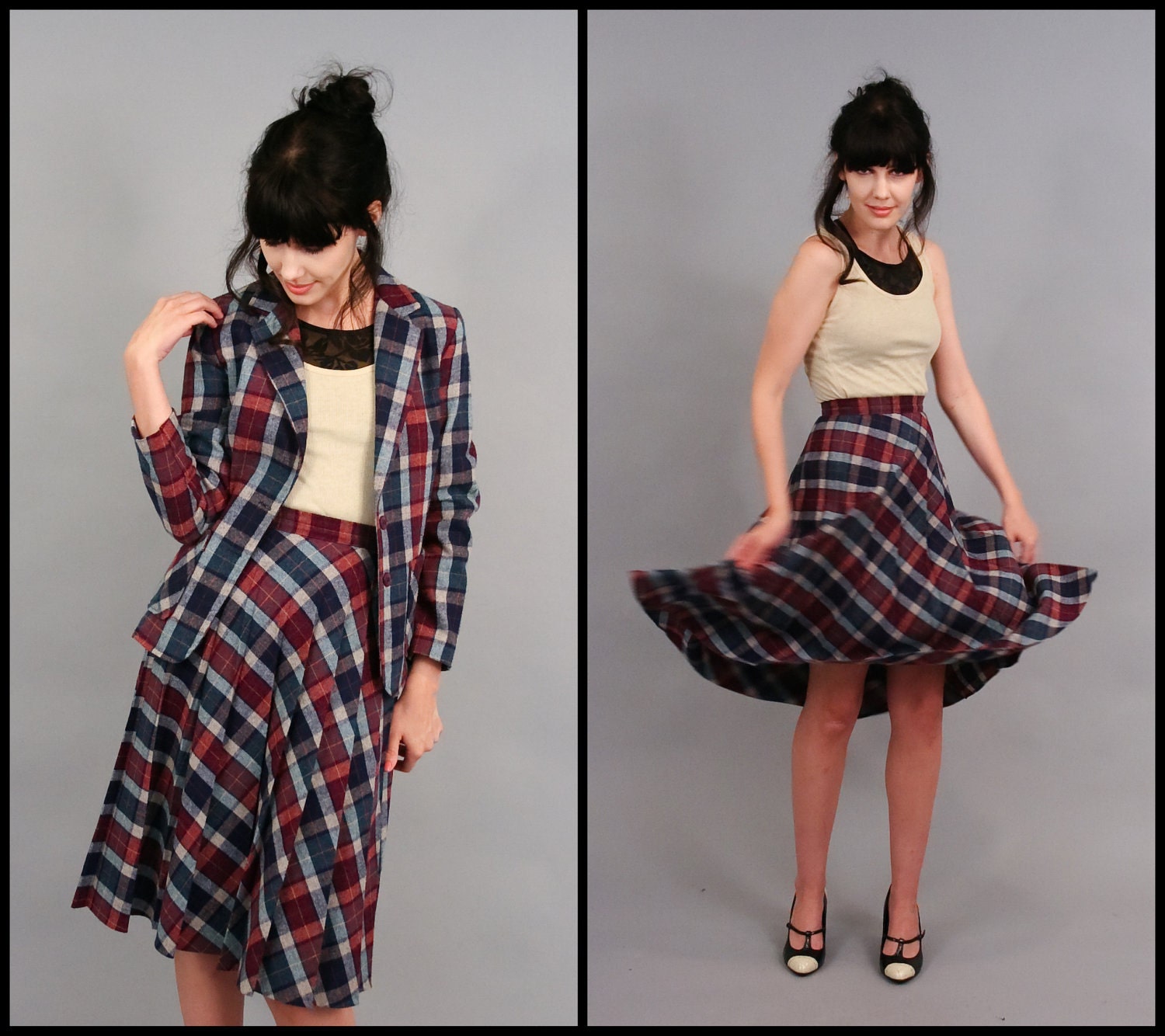Vintage 70s Autumn Wool Plaid Blazer Jacket & High Waist Skirt Set (XS)