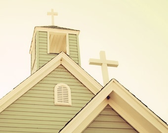 Going to the Chapel - 8 x 8 Fine Art Photograph - green nostalgic cross church wood wedding christian architecture home decor print