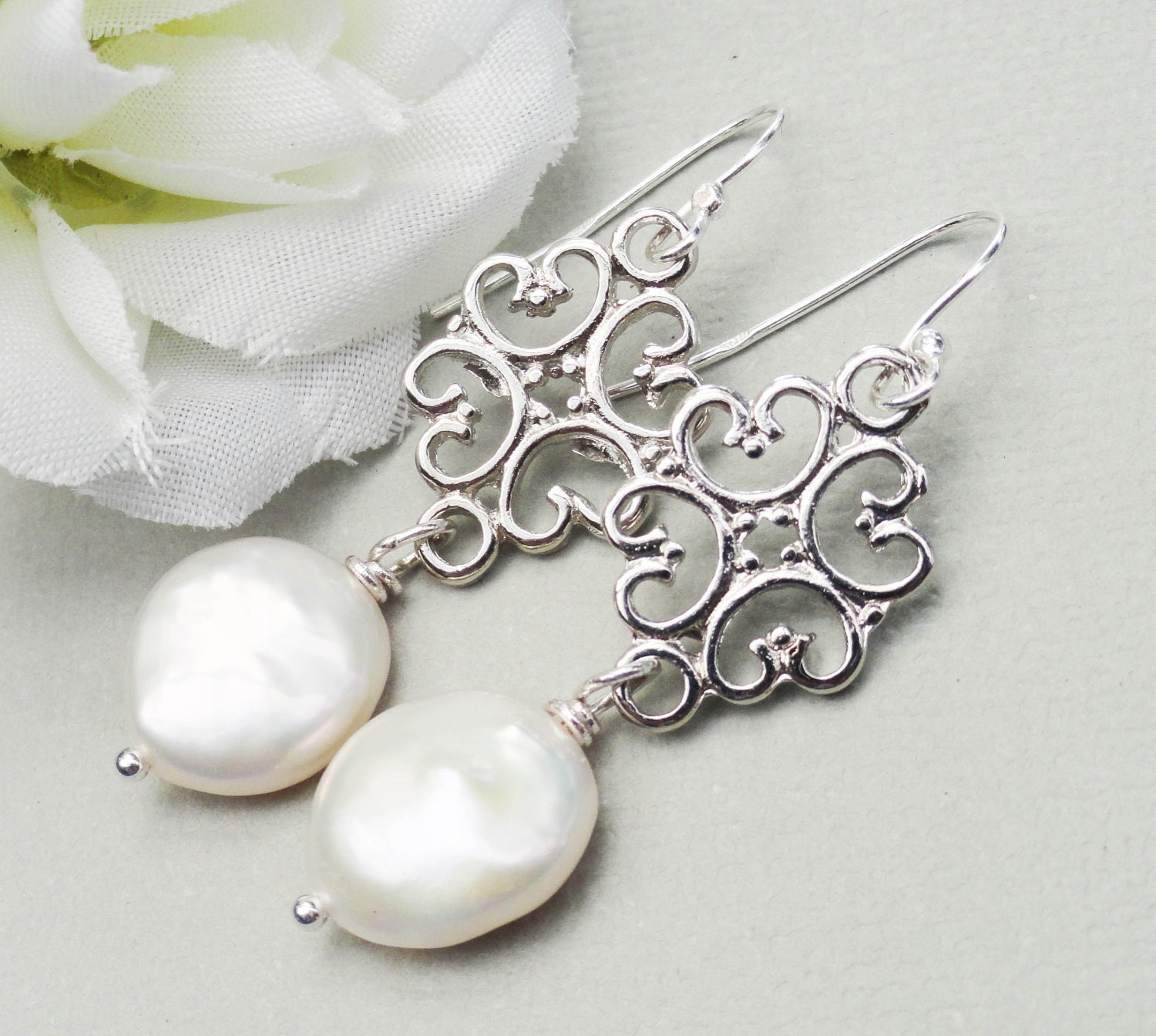 Large Coin Pearl Earrings Natural Freshwater Pearls.  Sterling Silver Brides Everyday Wear Special Occasion Wedding Jewelry