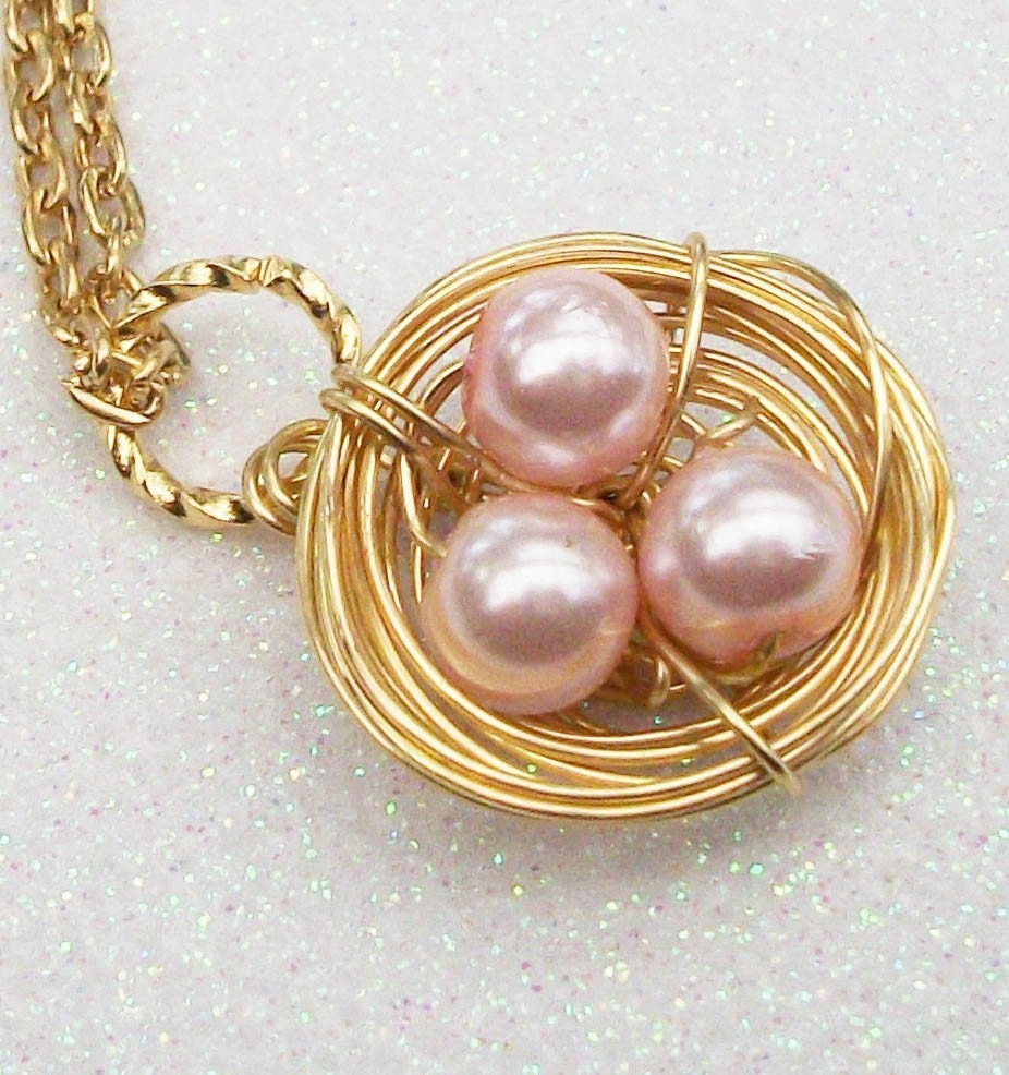 Sweet Little Bird's Nest in Gold Pendant with Pink Pearls - or Choose your Color