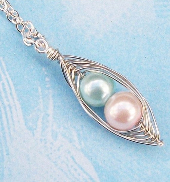 Peas In A Pod Silver Pendant - Pink And Blue Pearls  For a Special Boy and Girl