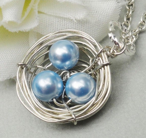Silver Birds Nest Necklace Swarovski Pearls. Mommies Little Children. Mix And Match Your Pearl