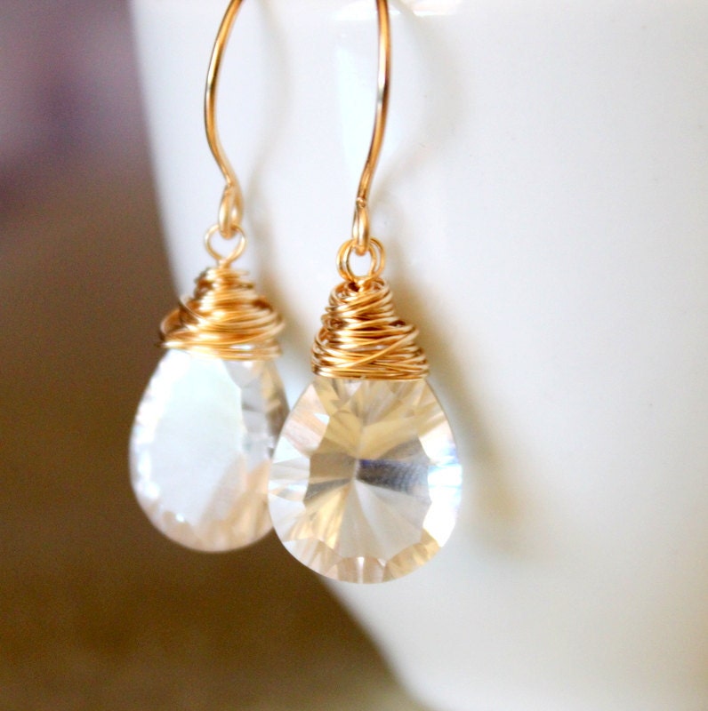 Bridal Jewelry, Wedding Jewelry, AAA Rock Crystal Quartz Gold Earrings