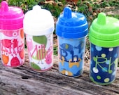 Personalized Sippy Cups - CHOOSE 4 - White, Blue, Green or Pink Lids - You Choose your Fabric - by Pocketbaby