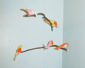 Bird Mobile - branches - 3 tiered - baby bird - in pink, orange, green, and white