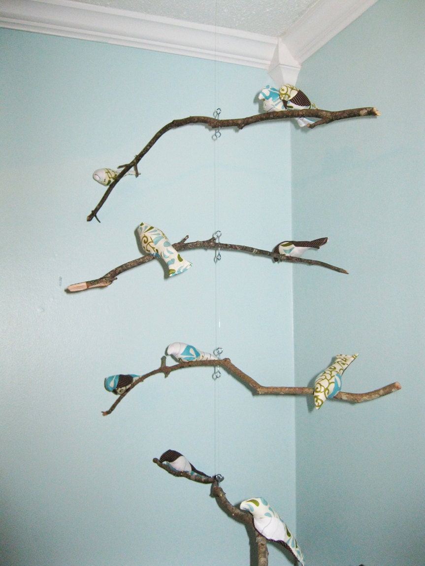 Bird Mobile - branches - 4 tiered - baby bird - in blue, green, brown, cream, and white