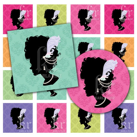 Victorian Silhouette (dc1VictorianRnbw) digital collage sheet / available in Scrabble size , Circle or Square in 1 inch or 1.5 inches