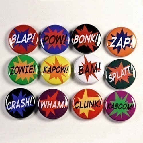 Superhero Sound Effects Set of 12 Pinback Buttons Badges 1 inch