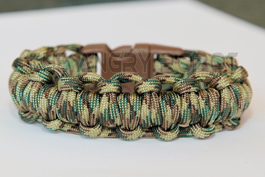 550 Paracord Survival Bracelet Half Hitch Alt - Multi Camo - Brown Buckle