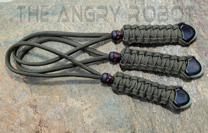 Set of 3 OD Green Paracord Lanyards with Glow Ends and Black Skull Beads -  Zipper Pulls