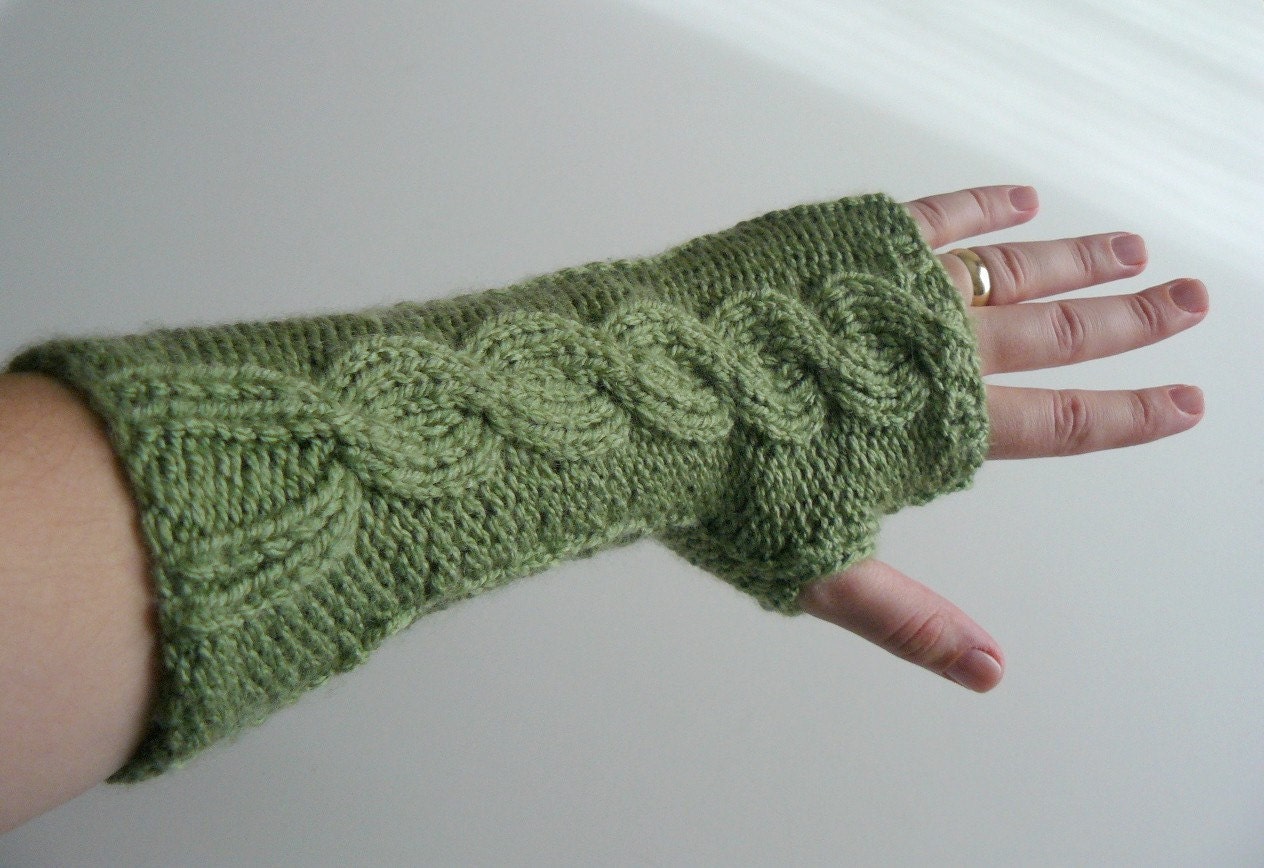 Olive green gloves cable knit wrist warmers
