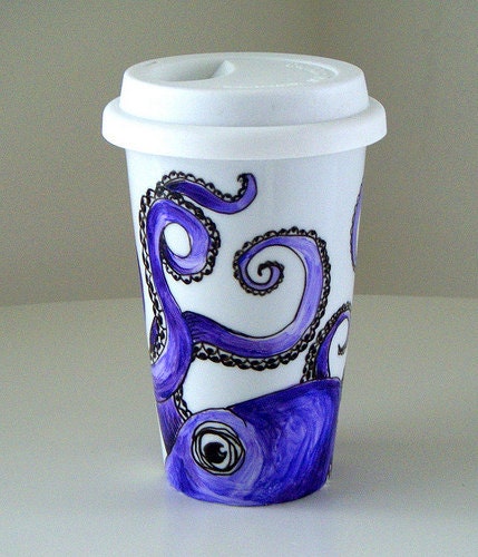 Purple Octopus Ceramic Travel Mug Eco Friendly Kraken Sea Creature Nautical painted by sewZinski on Etsy