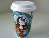 Ceramic Travel Mug Patron Saint Drogo Coffee Bean Barista Aqua Green Brown hand painted Geekery by sewZinski