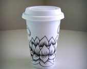Ceramic Travel Mug Lotus Asian Flowers black white Leaves Folk Art Eco Friendly Modern Painted - READY TO SHIP