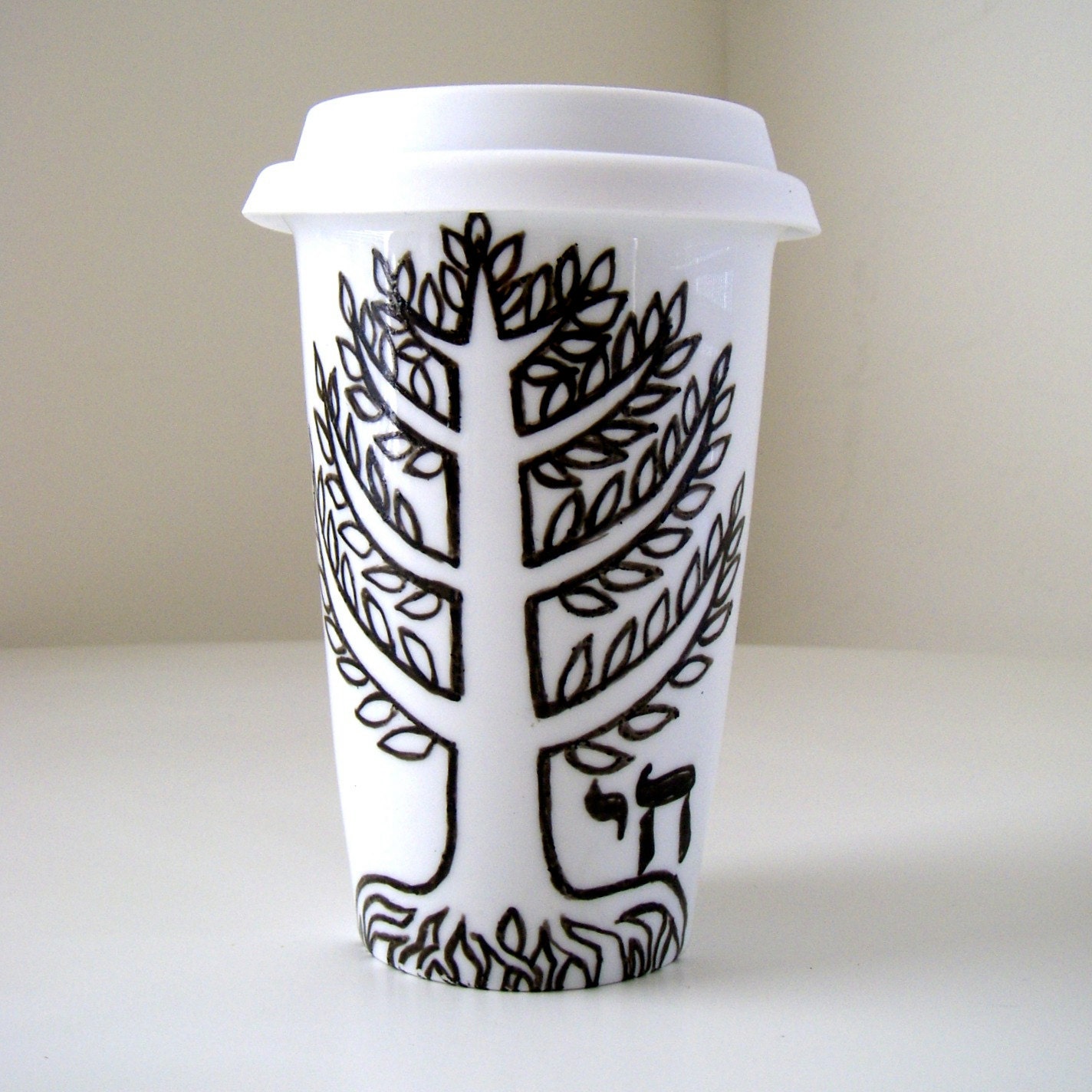 Ceramic Travel Mug Tree of Life Chai Judaica Hebrew folk art painted black white eco friendly  by sewZinski on Etsy