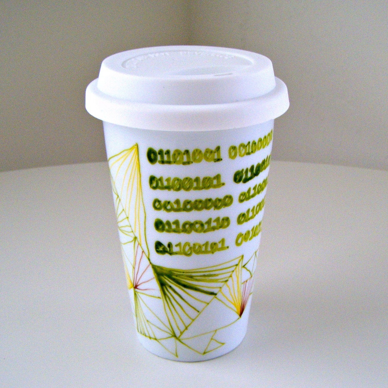 Ceramic Travel Mug Painted Binary Code Eco Friendly green yellow orange white Geekery Computer Nerd by sewZinski on Etsy