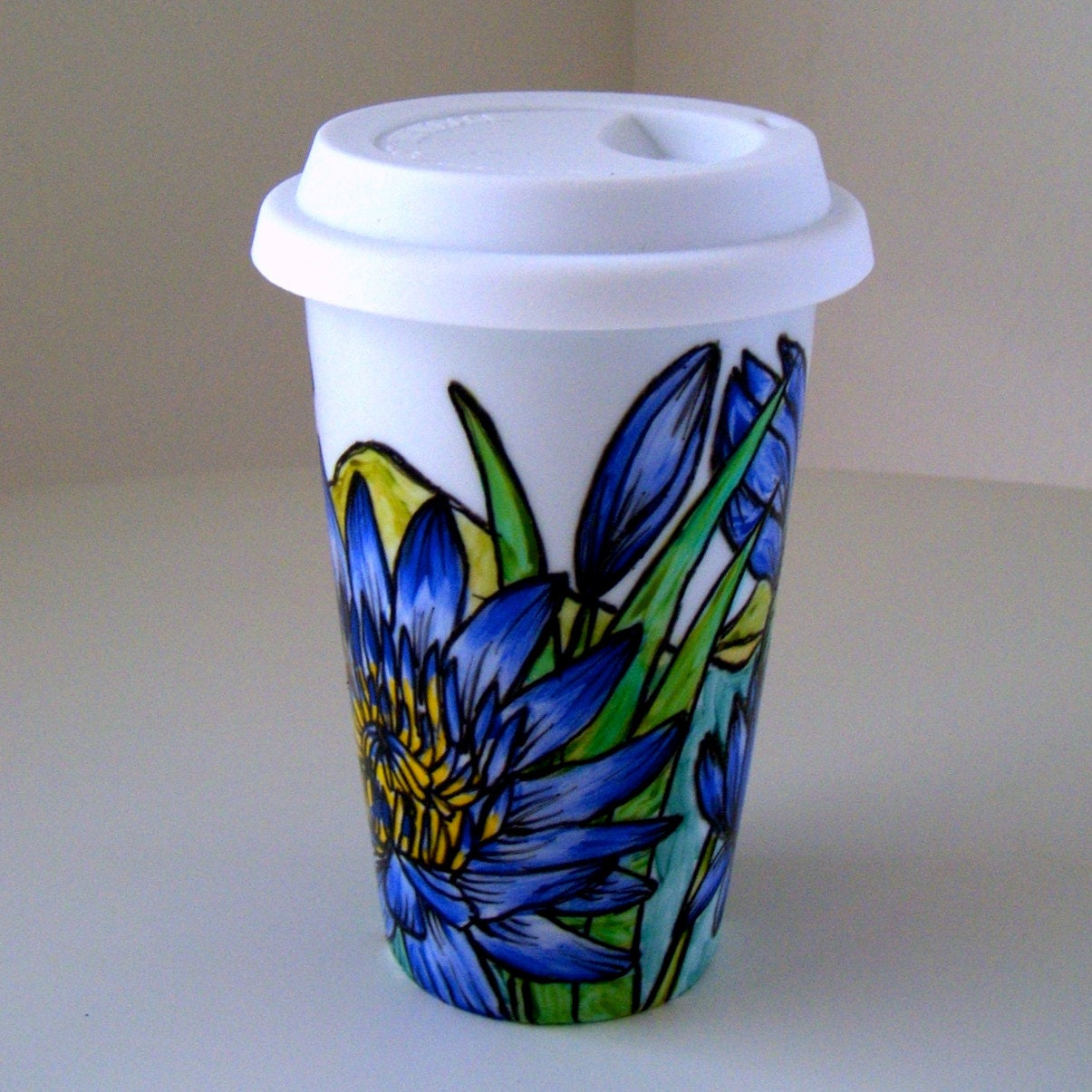 Ceramic Travel Mugs Chrysanthemum Lotus Flowers Botanical Landscape Eco Friendly Periwinkle Purple Yellow Green Tropical Painted