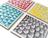 Modern Ceramic Coasters Set Tiles Scallops Scales Painted Aqua Blue Yellow Black Red White repurposed - MADE TO ORDER
