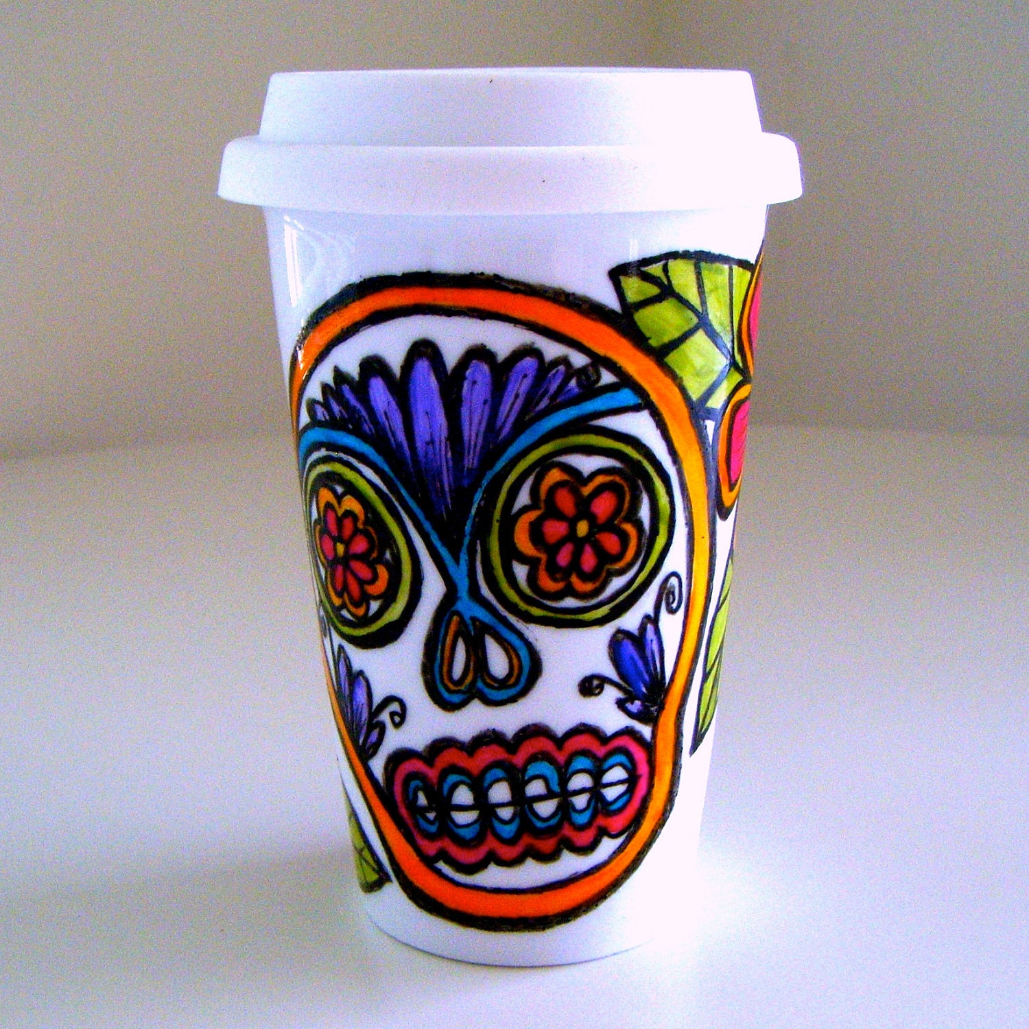 Father's Day Ceramic Travel Mug Eco Friendly Sugar Skull Mexican Folk Art Day of the Dead Painted by sewZinski on Etsy