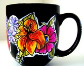 Ceramic Coffee Mug Flowers Spring Garden Roses Cup Black Porcelain Hand Painted by sewZinski