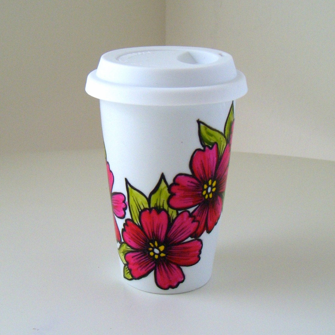 Ceramic Travel Mug Pink Flowers Cherry Blossoms Asian Eco Friendly Folk Painted by sewZinski on Etsy