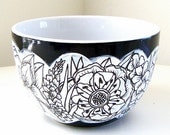 Ceramic Bowl Painted Flowers Black White Botanicals Floral Modern Housewarming Wedding Gift  by sewZinski