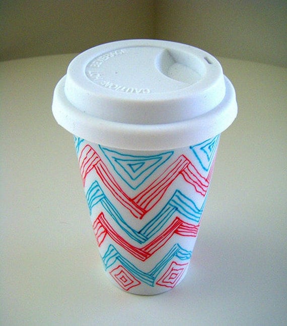 Ceramic Travel Mug Chevron Zig Zag Red Turquoise Triangles Geometric Stripes Modern Eco Friendly