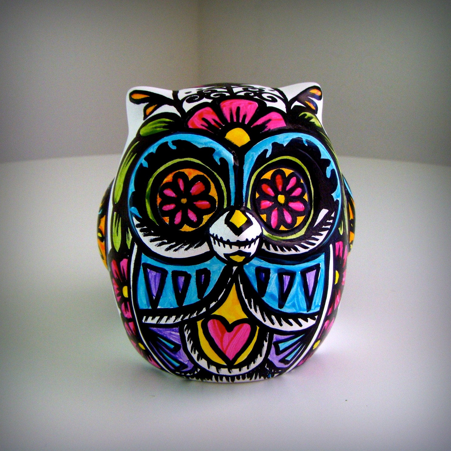 Ceramic Owl Decor Painted Day of the Dead Tattoo Flowers Hearts Folk Sculpture Black White Pink Green Yellow Blue by sewZinski