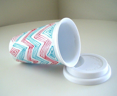 Ceramic Travel Mug Chevron Zig Zag Red Turquoise Triangles Geometric Stripes Modern Eco Friendly