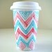 Ceramic Travel Mug Chevron Zig Zag Red Turquoise Triangles Geometric Stripes Modern Eco Friendly