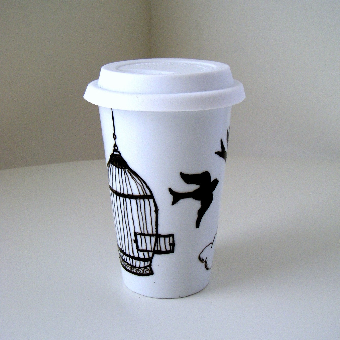 Ceramic Travel Mug Birdcage Birds Swallows Clouds Painted Black White Eco Friendly by sewZinski on Etsy