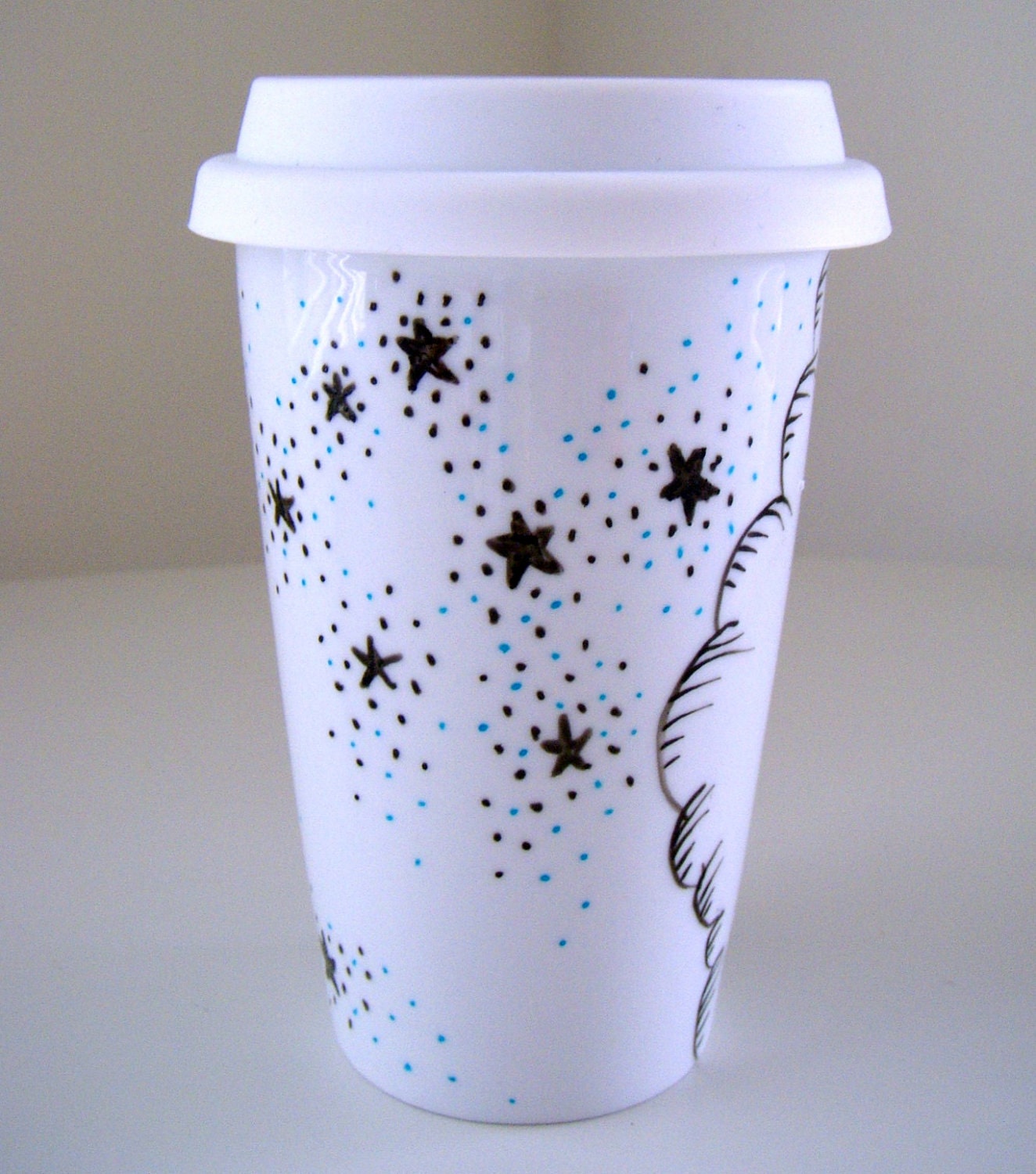 Ceramic Travel Mug I'll sleep when I'm dead stars clouds black turquoise aqua blue Geekery white by sewZinski