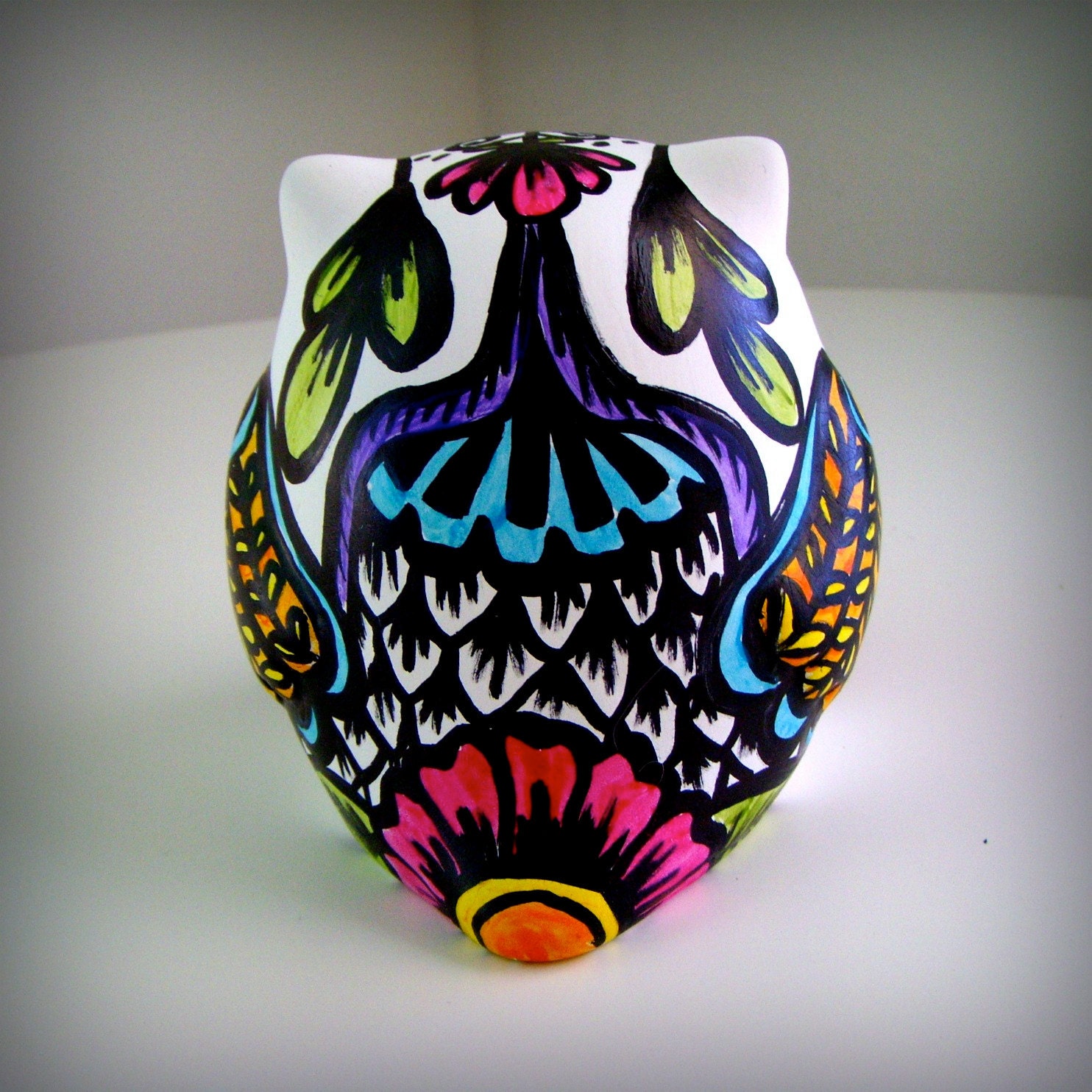 Ceramic Owl Decor Painted Day of the Dead Tattoo Flowers Hearts Folk Sculpture Black White Pink Green Yellow Blue by sewZinski